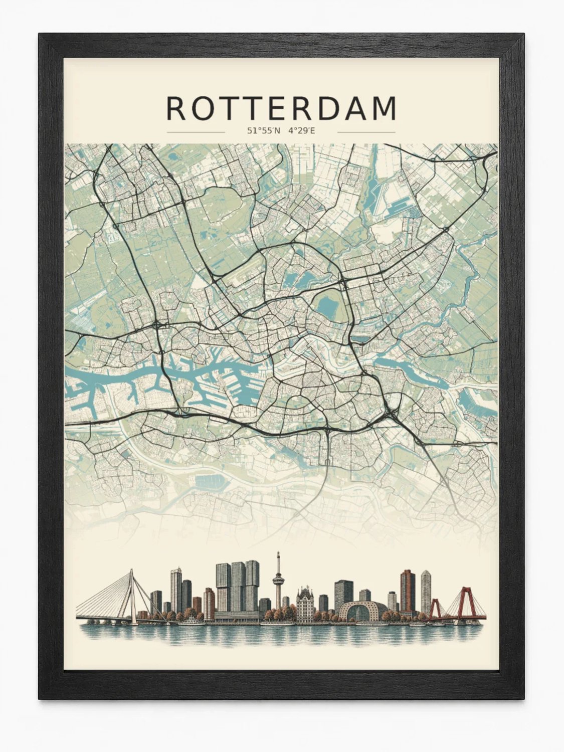 Rotterdam Stadskaart Poster | Vintage Kaart met Skyline | Inclusief Zwarte A3 Lijst