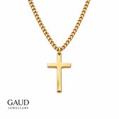 Gouden kruisketting op witte achtergrond met het GAUD JEWELLERY logo.