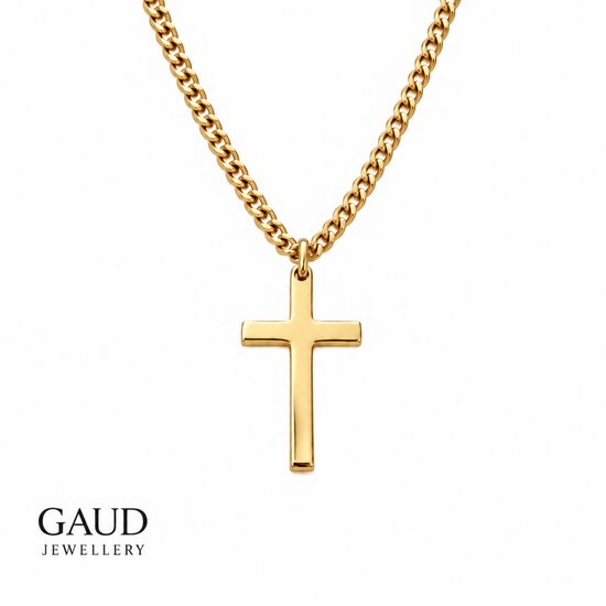 Gouden kruisketting op witte achtergrond met het GAUD JEWELLERY logo.