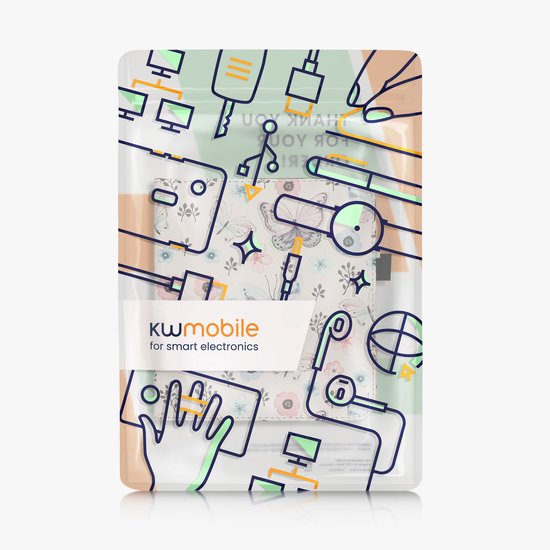 kwmobile e-reader hoesje geschikt voor Kobo Libra Colour hoes - E reader flip case van kunstleer - Ereader cover met stand - Vlinderanemoon design in wit / licht oudroze / vintage groen — afbeelding 3