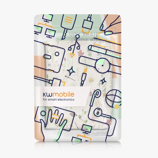 kwmobile e-reader hoesje geschikt voor Kobo Clara BW / Colour hoes - E reader flip case van kunstleer - Ereader cover met stand - Daisy-varens design in wit / geel / groen — afbeelding 3