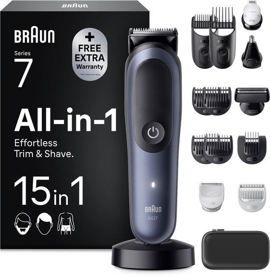 Braun Series 7 All-in-1 trimmer. Donkerblauwe trimmer met accessoires en standaard. Gratis extra garantie.