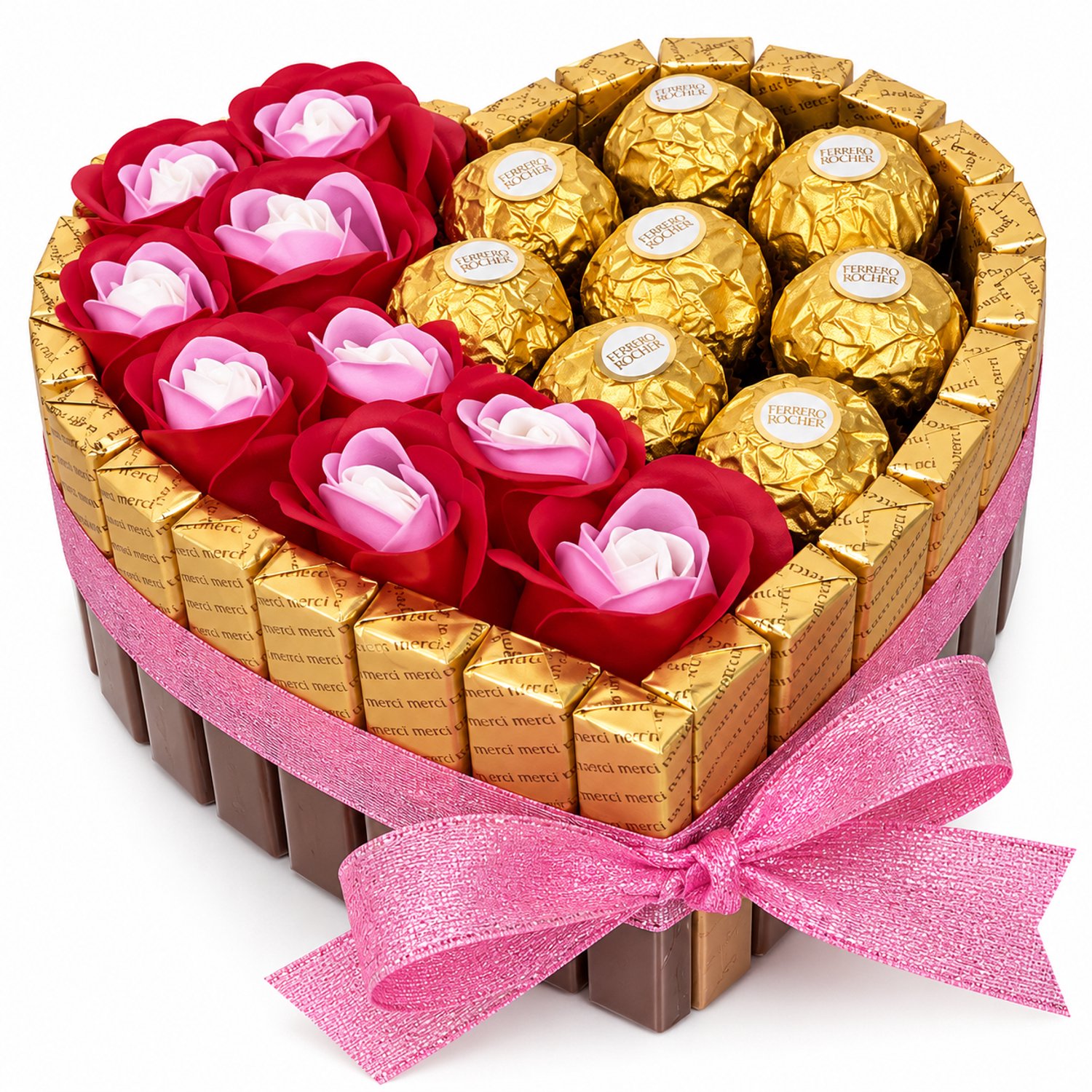 Nina's Giftshop® Chocolade Hart met Merci & Ferrero Rocher – Zeeprozen – Roze Lint – Valentijn Cadeau – Chocolade Geschenk – Cadeau voor Hem & Haar – Liefdescadeau