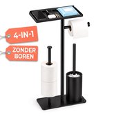 toiletrolhouder staand 4-in-1 - Zonder boren - Met plankje - toiletpapier houder - Toiletborstel-Reserverolhouder en Opbergplank - WC Organizer van Koolstofstaal - Stabiele Basis - 60 cm - zwart - Geschikt voor 3+1 WC papier rollen