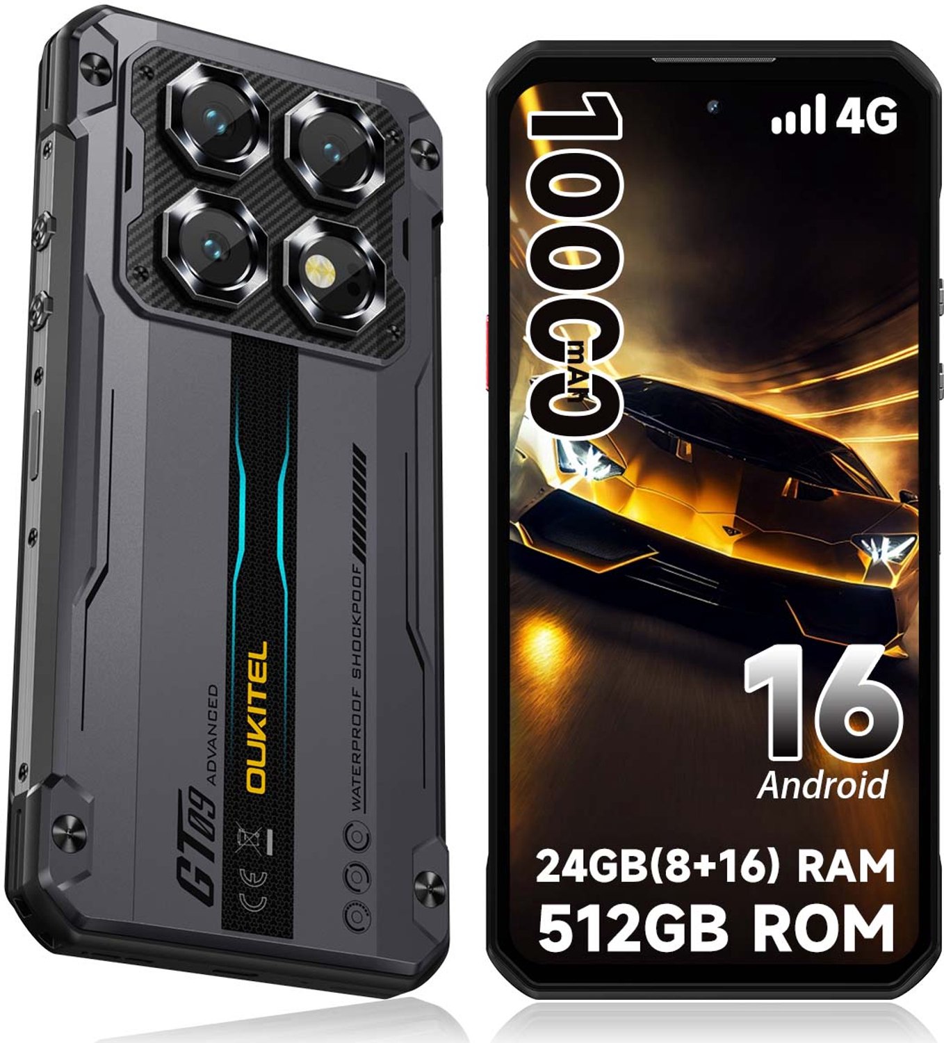 OUKITEL WP60 Rugged Smartphone - 4G LET - 24GB RAM - 512GB ROM - 7,2 inch 120Hz - 10000mAh 33W - 108MP Camera - Dual SIM - Android 15 - NFC GPS - Zwart