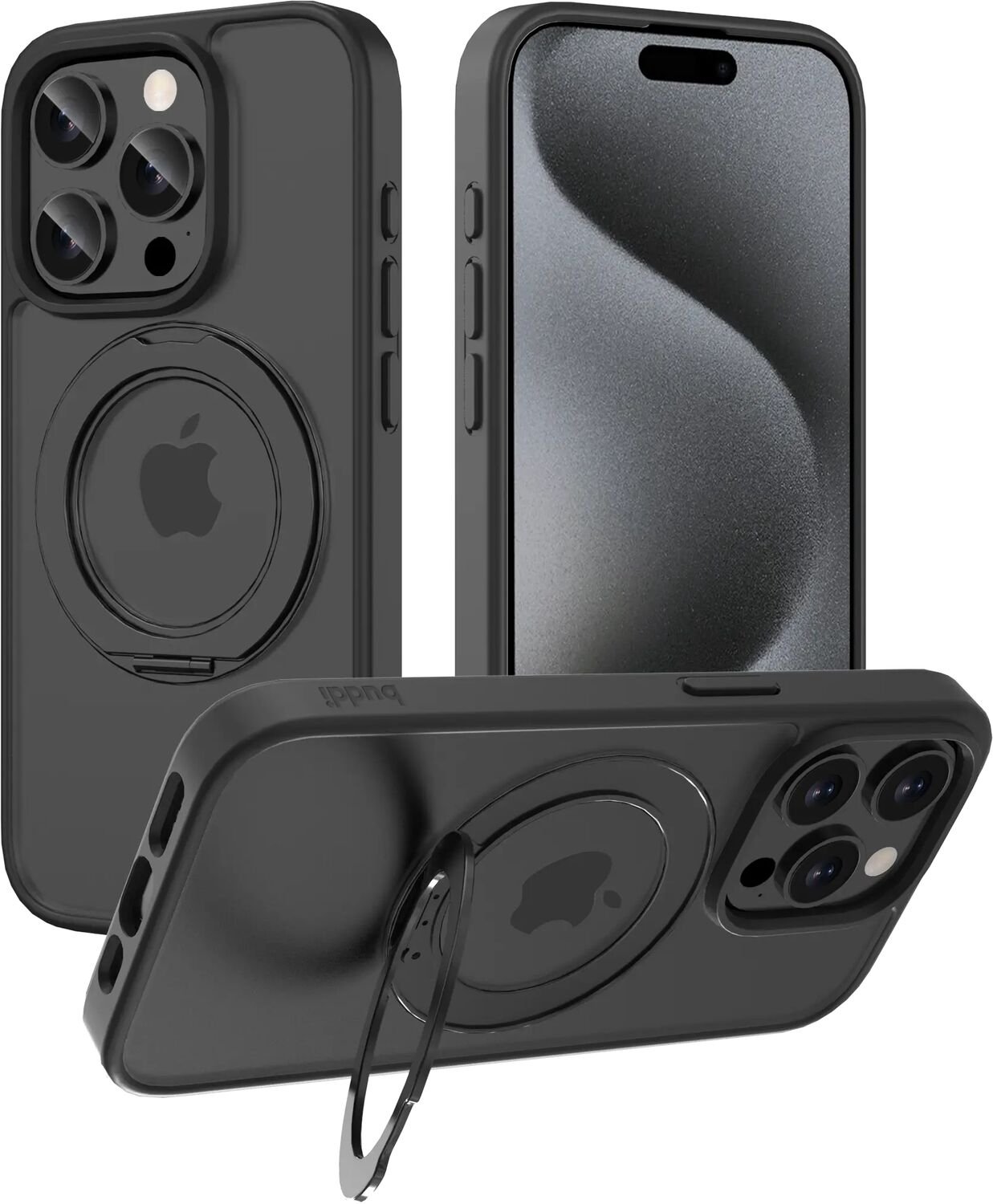 Buddi Frost Hoesje Geschikt voor Apple iPhone 15 Pro - Mat Zwart - Met Ring Stand - MagSafe Back Cover - Matchende kleur - Met 360° Draaibare Standaard - Shockproof - Slank