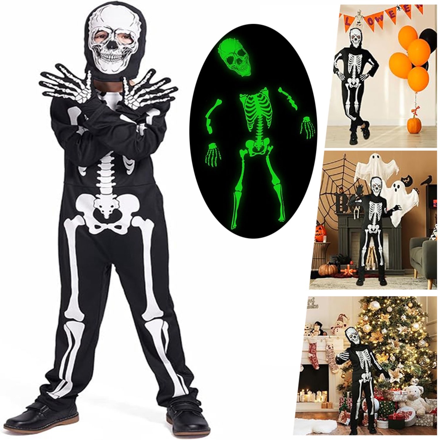 Halloweenkostuum Als Skelet - Jumpsuit Met Capuchon Die Licht Geeft In Het Donker - Skeletkostuum Voor Kinderen - Met Masker En Handschoenen