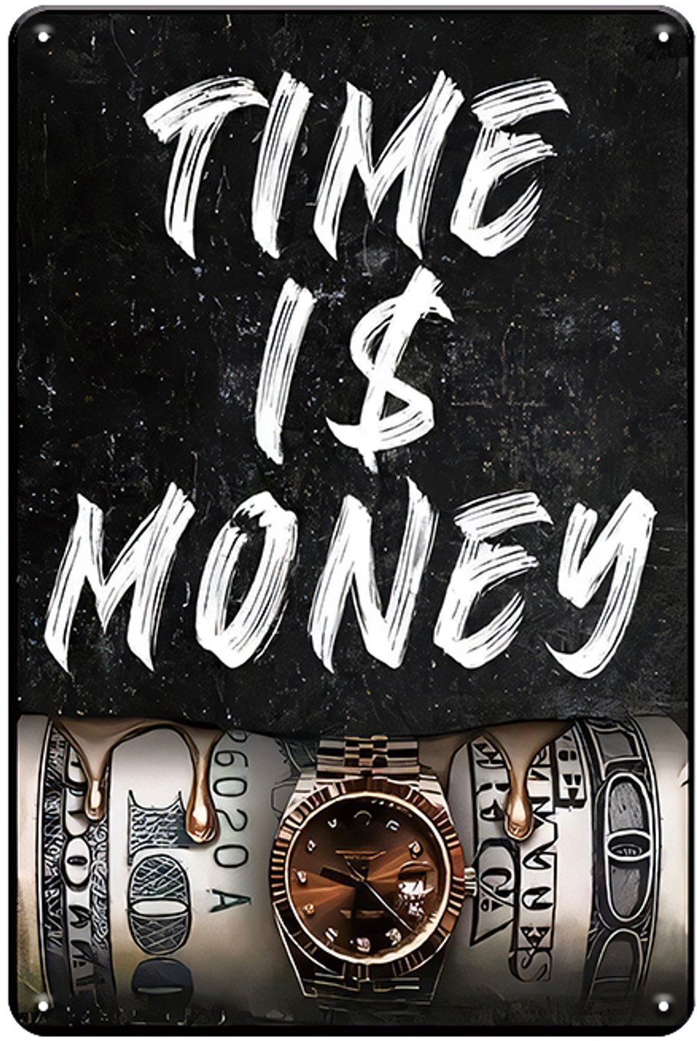 Time Is Money Metalen Wandbord 30x20cm – Geld Tekstbord – Vintage Retro Wanddecoratie – Kantoor Mancave Werkruimte Decoratie