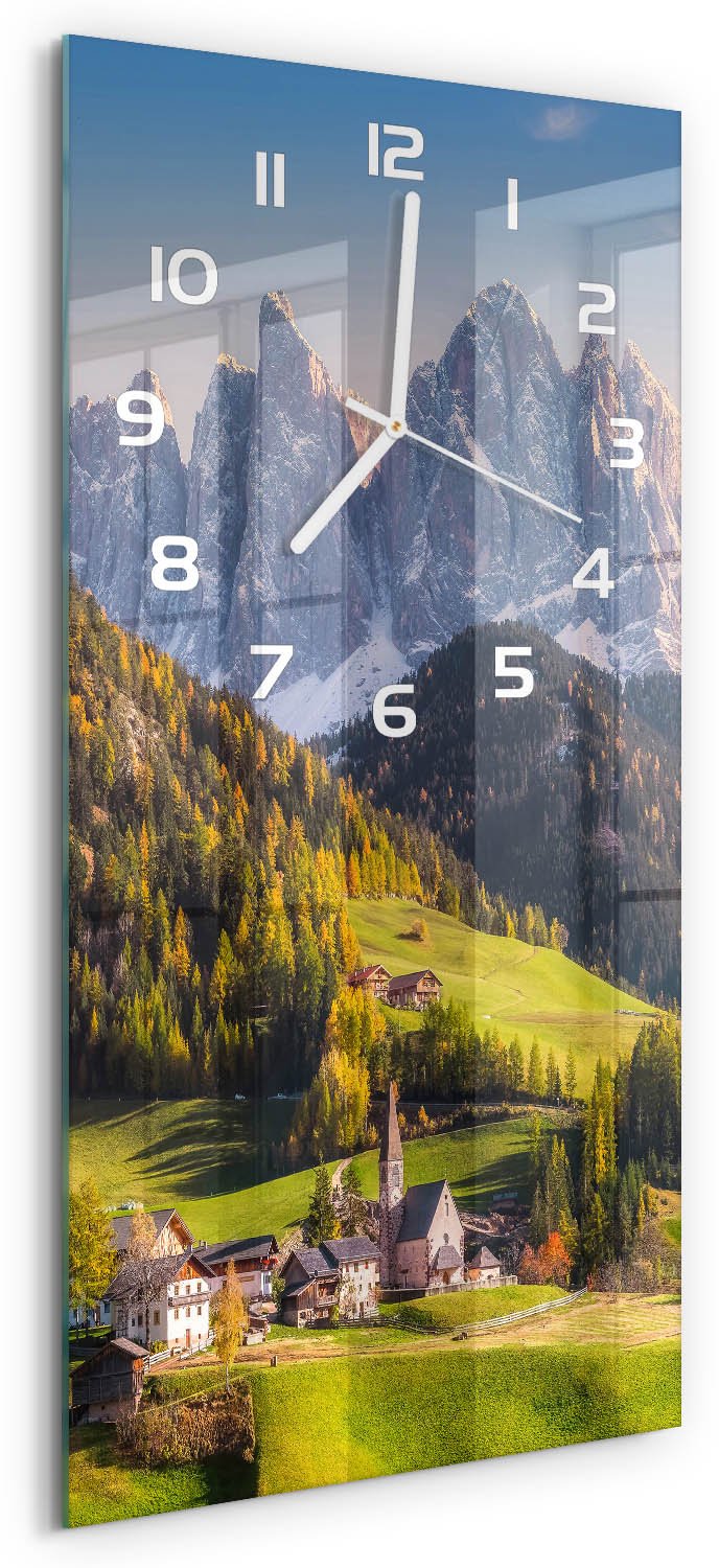 Tulup Wandklok - Stad in de bergen Decoratieve Glazen Klok - 30x60 cm - Groente Glazen Wandklok Design - Witte handen - Rechthoekige Klok - Glazen Klok Met Print - Wandklok Glas Met Motief