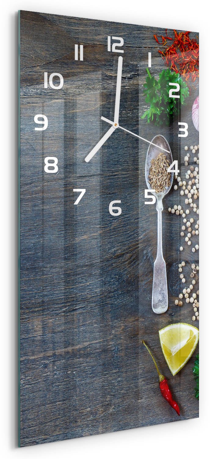 Tulup Wandklok - Specerijen en kruiden Glazen Wandklok Design - 30x60 cm - Veelkleurig Klok Glas Met Opdruk - Witte handen - Rechthoekige Klok - Wandklok Glas Met Motief - Decoratieve Glazen Klok