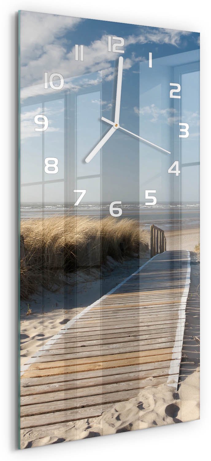 Tulup Wandklok - De weg naar het strand Klok Glas Met Opdruk - 30x60 cm - Beige Moderne Wandklok Glas - Witte handen - Rechthoekige Klok - Decoratieve Glazen Klok - Glazen Wandklok Design