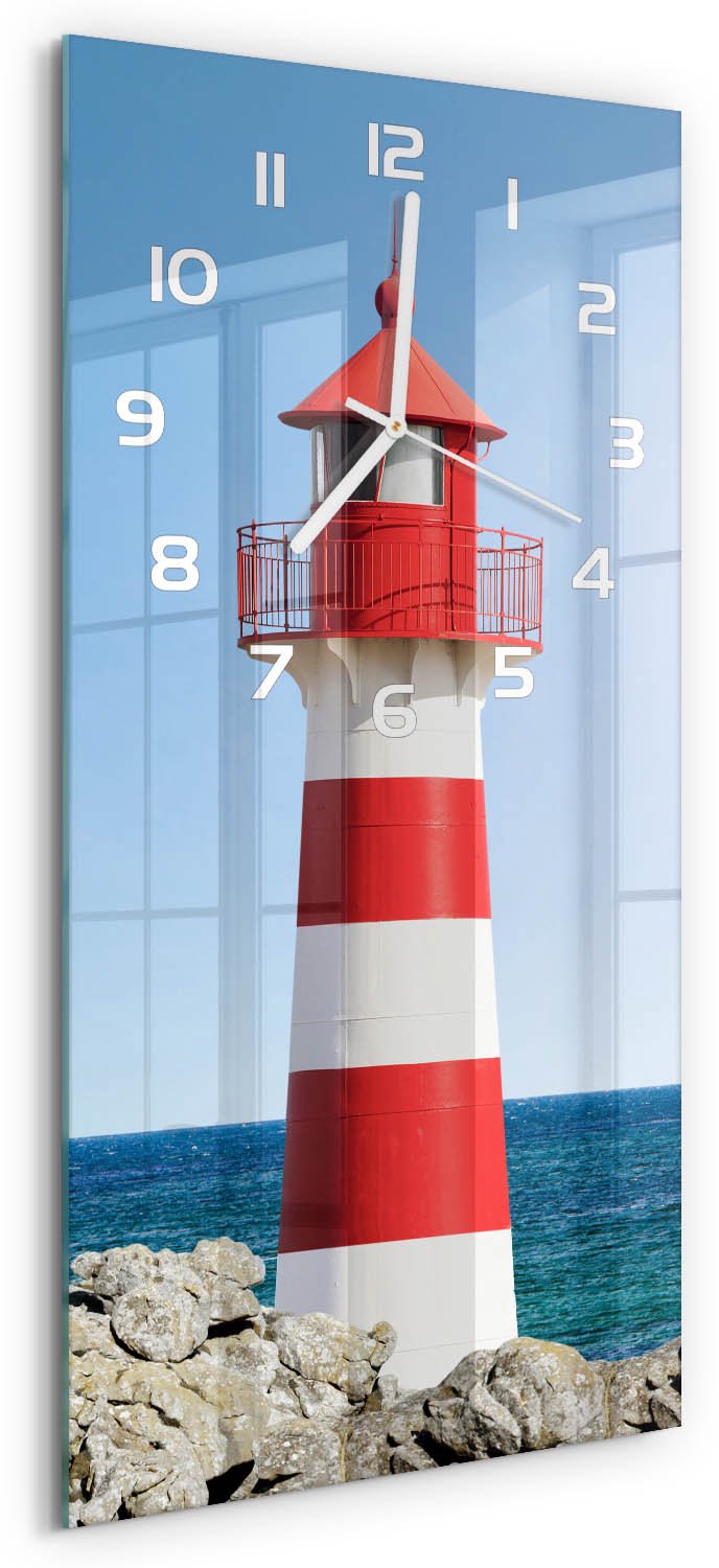 Tulup Wandklok - Vuurtoren Wandklok Glas Met Motief - 30x60 cm - Rood Decoratieve Glazen Klok - Witte handen - Rechthoekige Klok - Gekleurde Glazen Klok - Glazen Klok Met Print