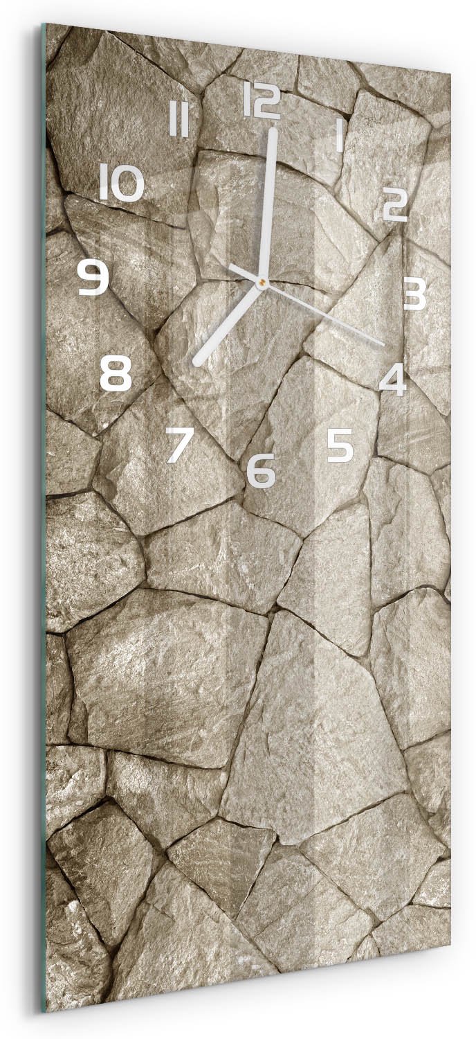 Tulup Wandklok - Stenen muur Wandklok Glas Met Motief - 30x60 cm - Beige Decoratieve Glazen Klok - Witte handen - Rechthoekige Klok - Gekleurde Glazen Klok - Glazen Klok Met Print