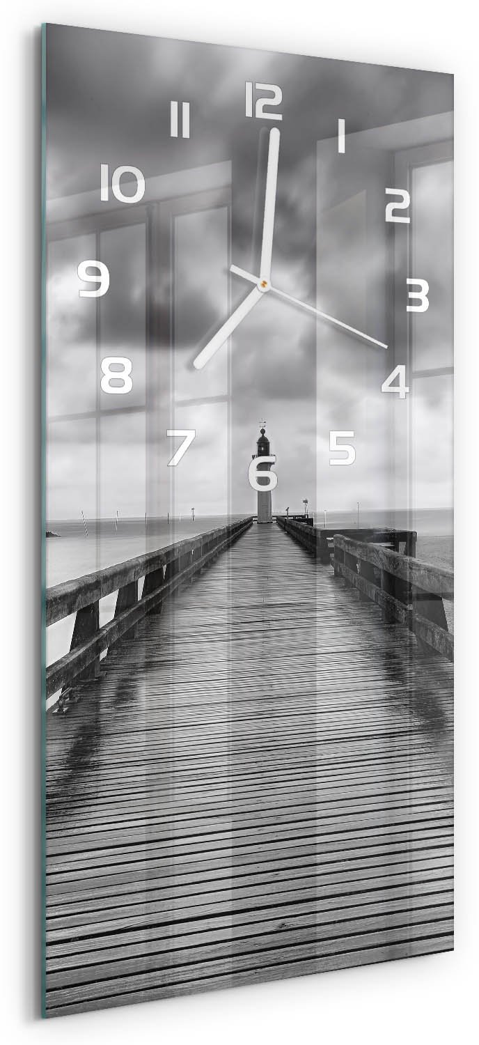 Tulup Wandklok - Vuurtoren Decoratieve Glazen Klok - 30x60 cm - Zwart-wit Glazen Wandklok Design - Witte handen - Rechthoekige Klok - Glazen Klok Met Print - Wandklok Glas Met Motief
