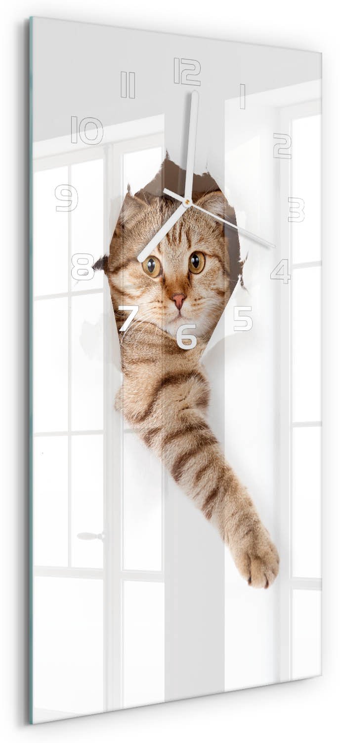 Tulup Wandklok - Kat Klok Glas Met Opdruk - 30x60 cm - Beige Moderne Wandklok Glas - Witte handen - Rechthoekige Klok - Decoratieve Glazen Klok - Glazen Wandklok Design