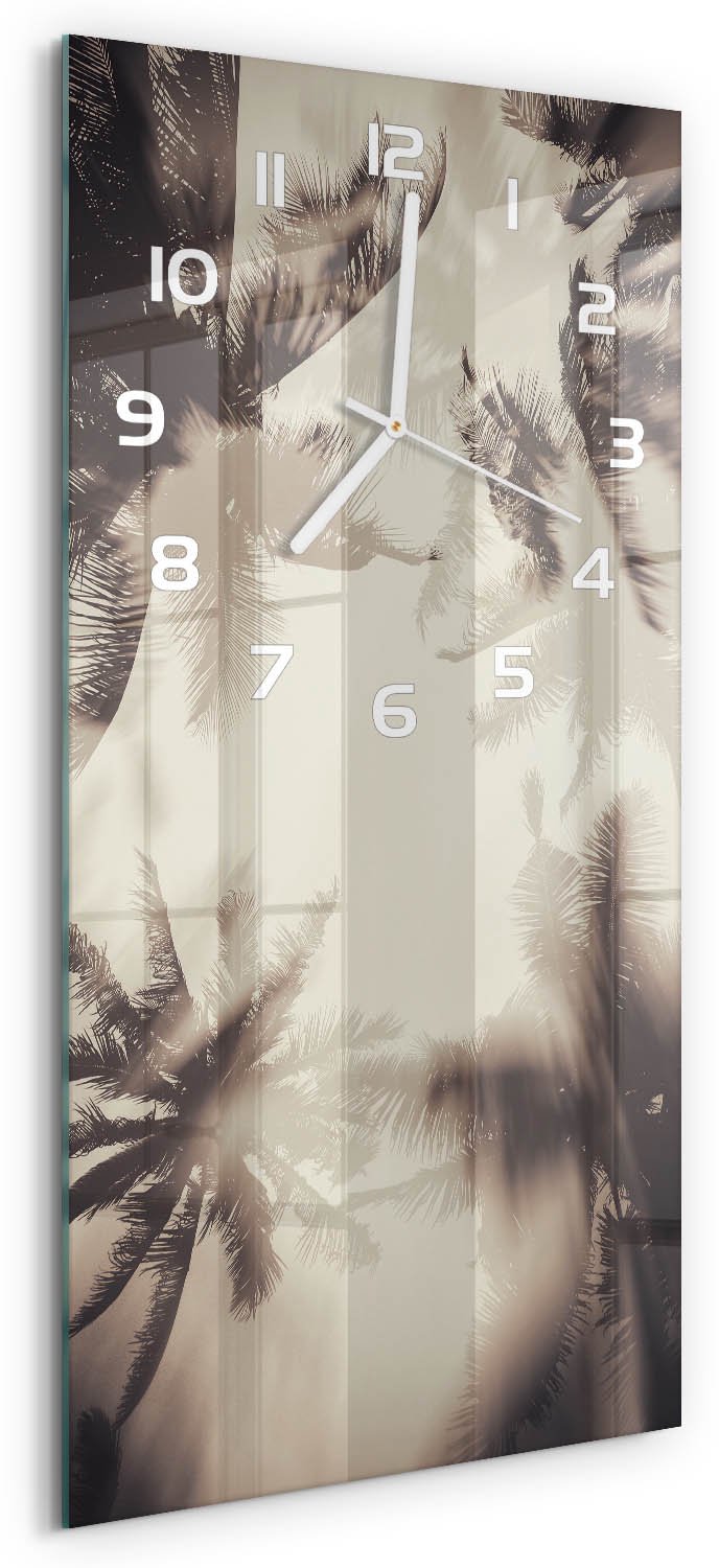 Tulup Wandklok - Palmbomen Wandklok Glas Decoratie - 30x60 cm - Beige Gekleurde Glazen Klok - Witte handen - Rechthoekige Klok - Klok Glas Met Opdruk - Moderne Wandklok Glas