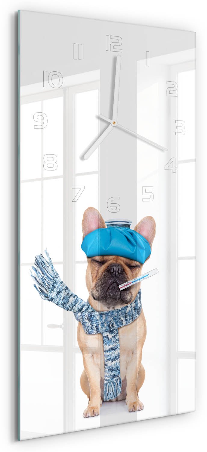 Tulup Wandklok - Zieke hond Glazen Wandklok Design - 30x60 cm - Blauw Klok Glas Met Opdruk - Witte handen - Rechthoekige Klok - Wandklok Glas Met Motief - Decoratieve Glazen Klok