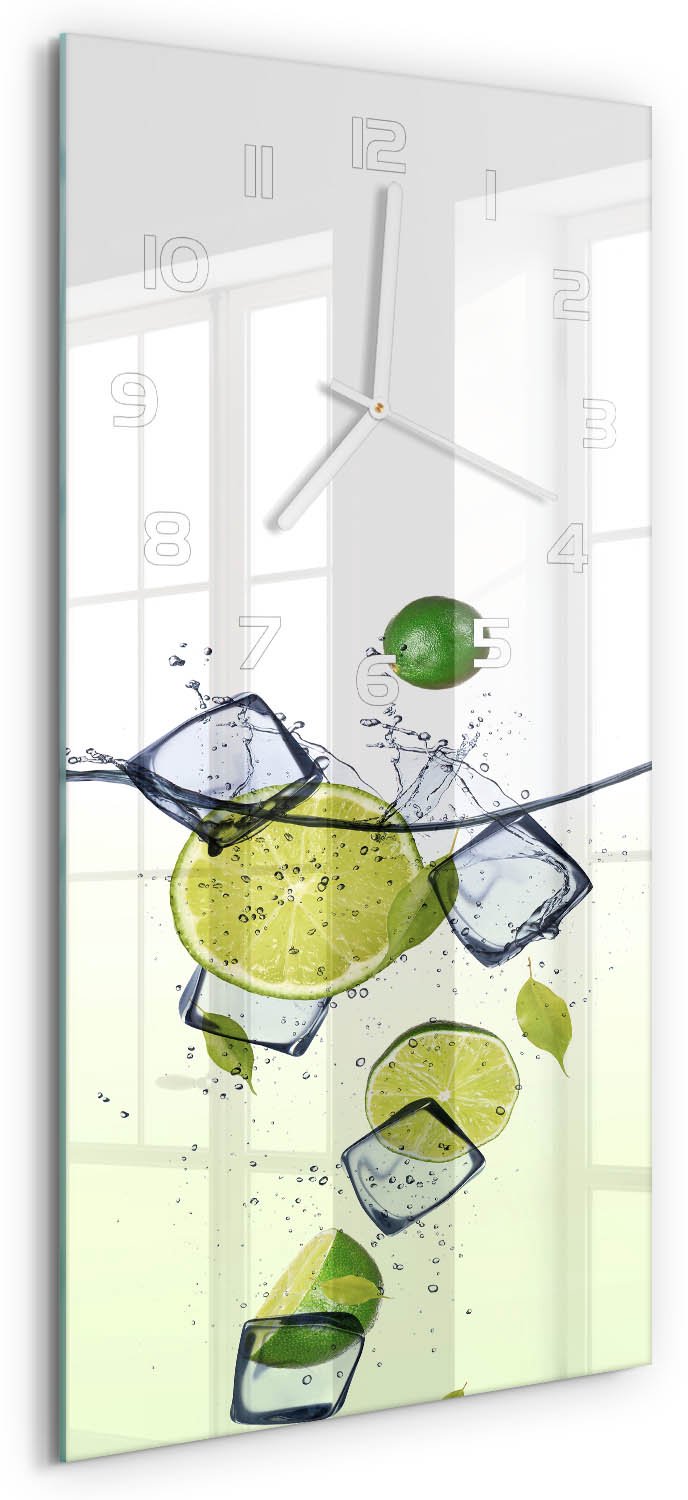 Tulup Wandklok - Limoenen en ijs Glazen Wandklok Design - 30x60 cm - Groente Klok Glas Met Opdruk - Witte handen - Rechthoekige Klok - Wandklok Glas Met Motief - Decoratieve Glazen Klok