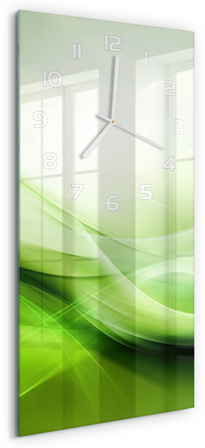 Tulup Wandklok - Groene golven achtergrond Glazen Klok Met Print - 30x60 cm - Groente Wandklok Glas Met Motief - Witte handen - Rechthoekige Klok - Wandklok Glas Decoratie - Gekleurde Glazen Klok