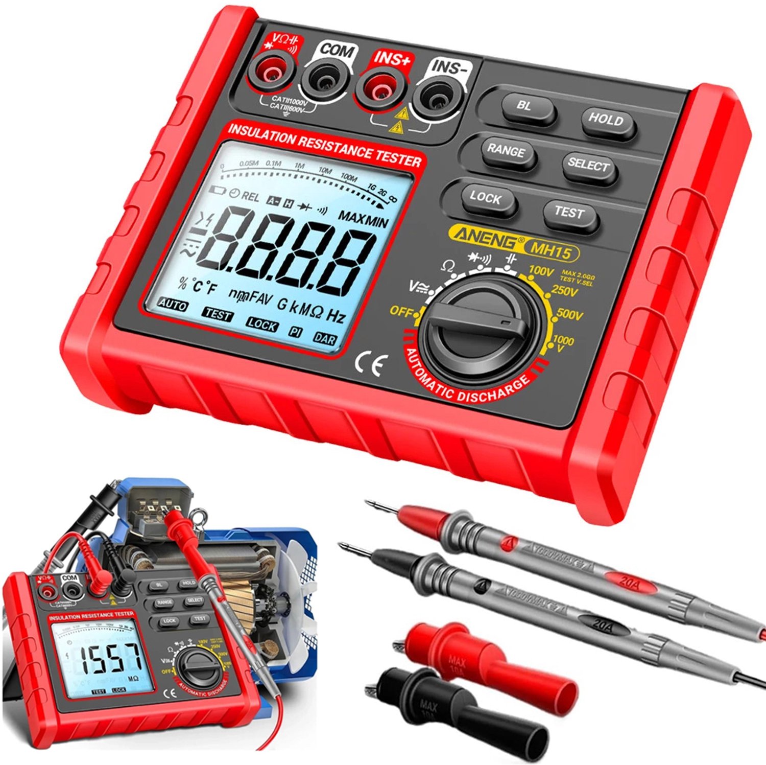 Digitale Isolatieweerstandsmeter - Megohmmeter - 1000 V-Isolatietester - Megger-Meter Met LCD-Achtergrondverlichting