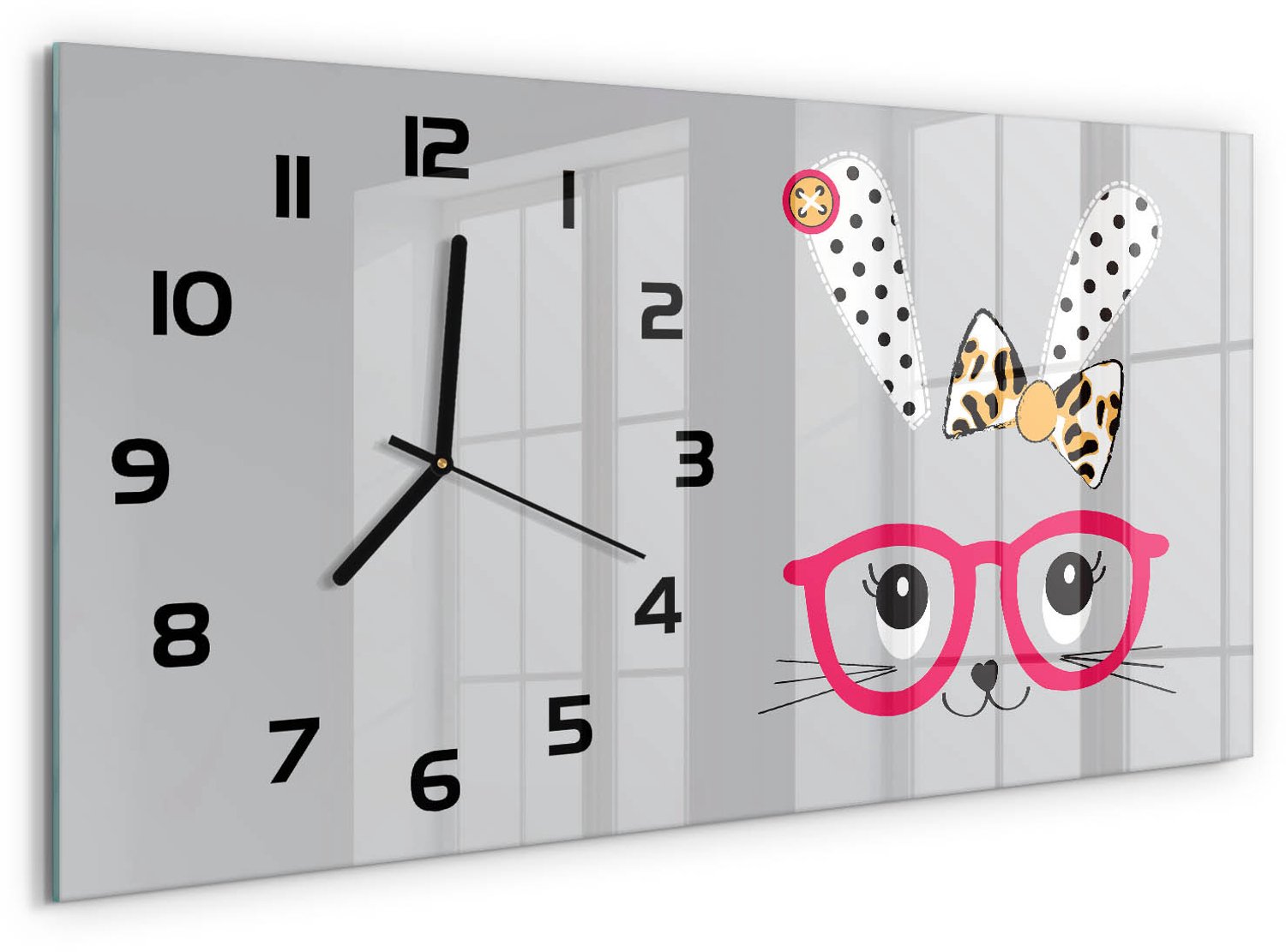 TULUP Wandklok - Konijn met bril Gekleurde Glazen Klok - 60x30 cm - Roze Glazen Klok Met Print - Zwarte handen - Rechthoekige Klok - Moderne Wandklok Glas - Wandklok Glas Decoratie