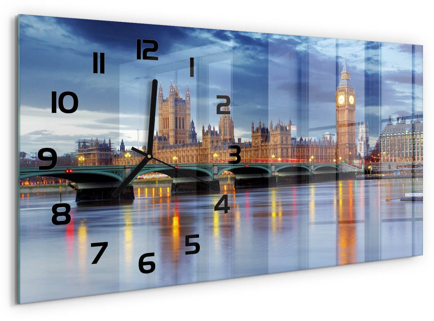 TULUP Wandklok - Theems Londen Gekleurde Glazen Klok - 60x30 cm - Blauw Glazen Klok Met Print - Zwarte handen - Rechthoekige Klok - Moderne Wandklok Glas - Wandklok Glas Decoratie