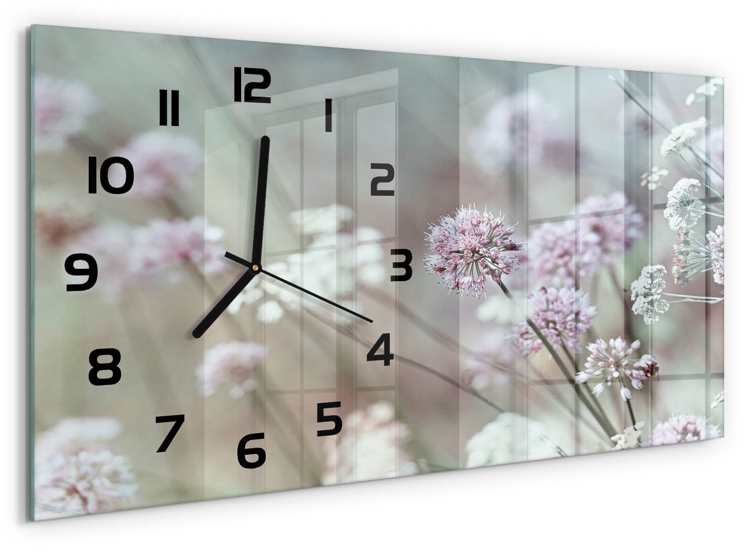 TULUP Wandklok - Wilde bloemen Wandklok Glas Decoratie - 60x30 cm - Wit Gekleurde Glazen Klok - Zwarte handen - Rechthoekige Klok - Klok Glas Met Opdruk - Moderne Wandklok Glas
