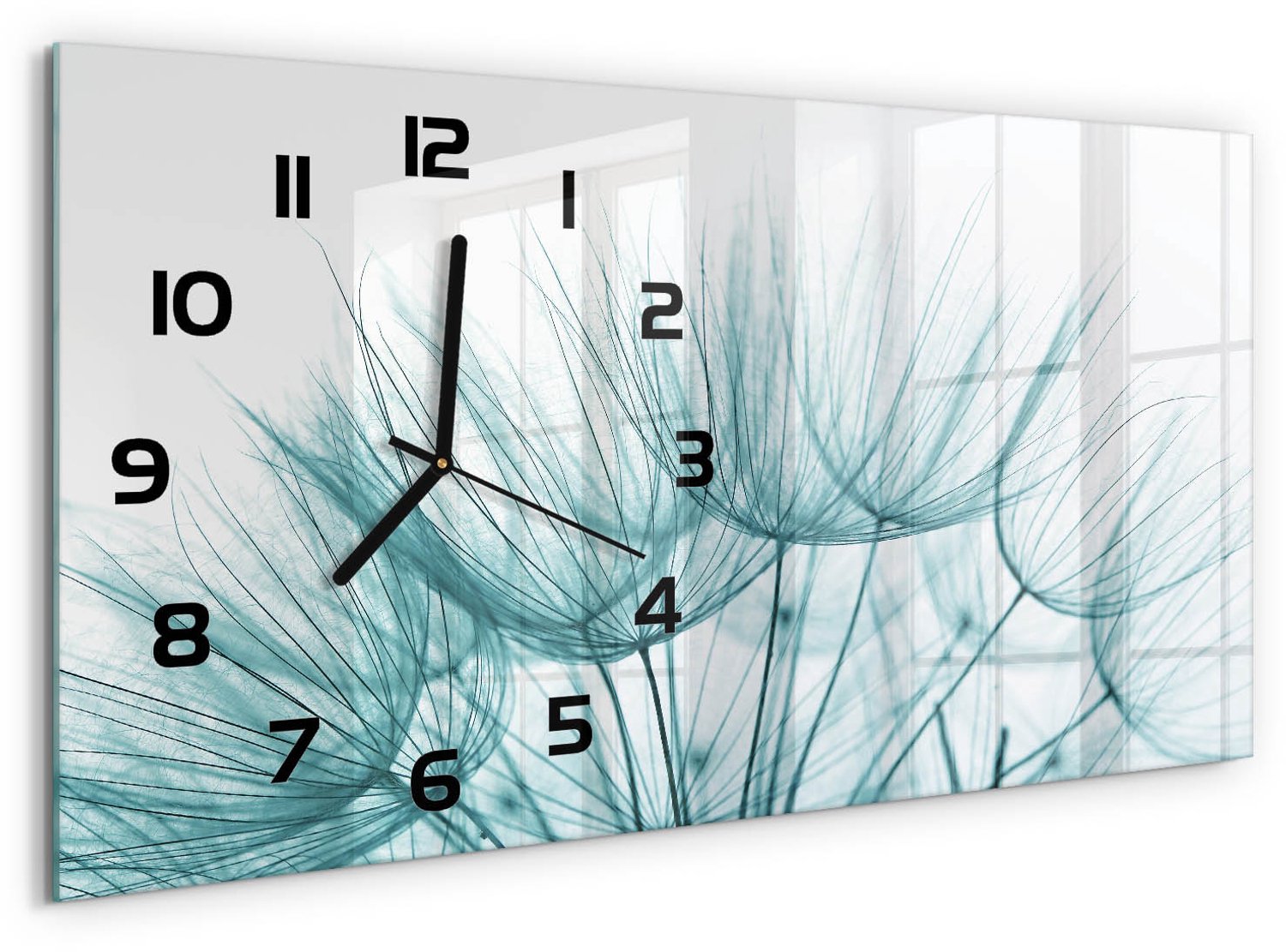 TULUP Wandklok - Paardenbloemzaden Gekleurde Glazen Klok - 60x30 cm - Wit Glazen Klok Met Print - Zwarte handen - Rechthoekige Klok - Moderne Wandklok Glas - Wandklok Glas Decoratie