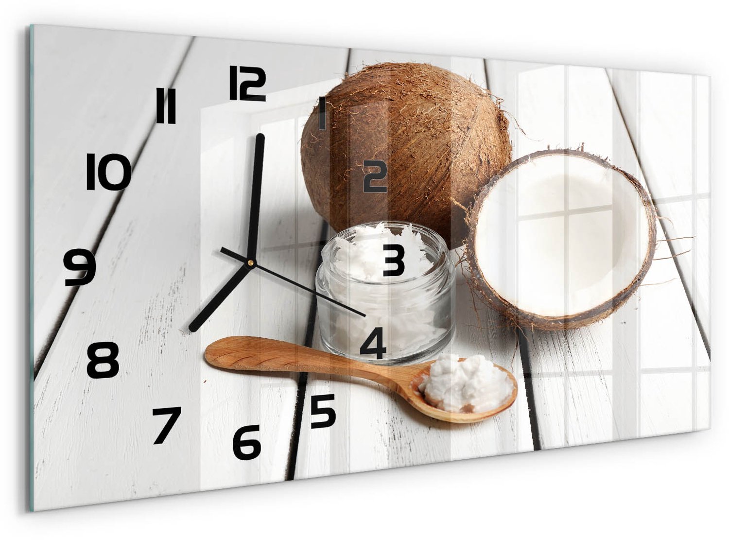 TULUP Wandklok - Kokosolie Decoratieve Glazen Klok - 60x30 cm - Bruin Glazen Wandklok Design - Zwarte handen - Rechthoekige Klok - Glazen Klok Met Print - Wandklok Glas Met Motief