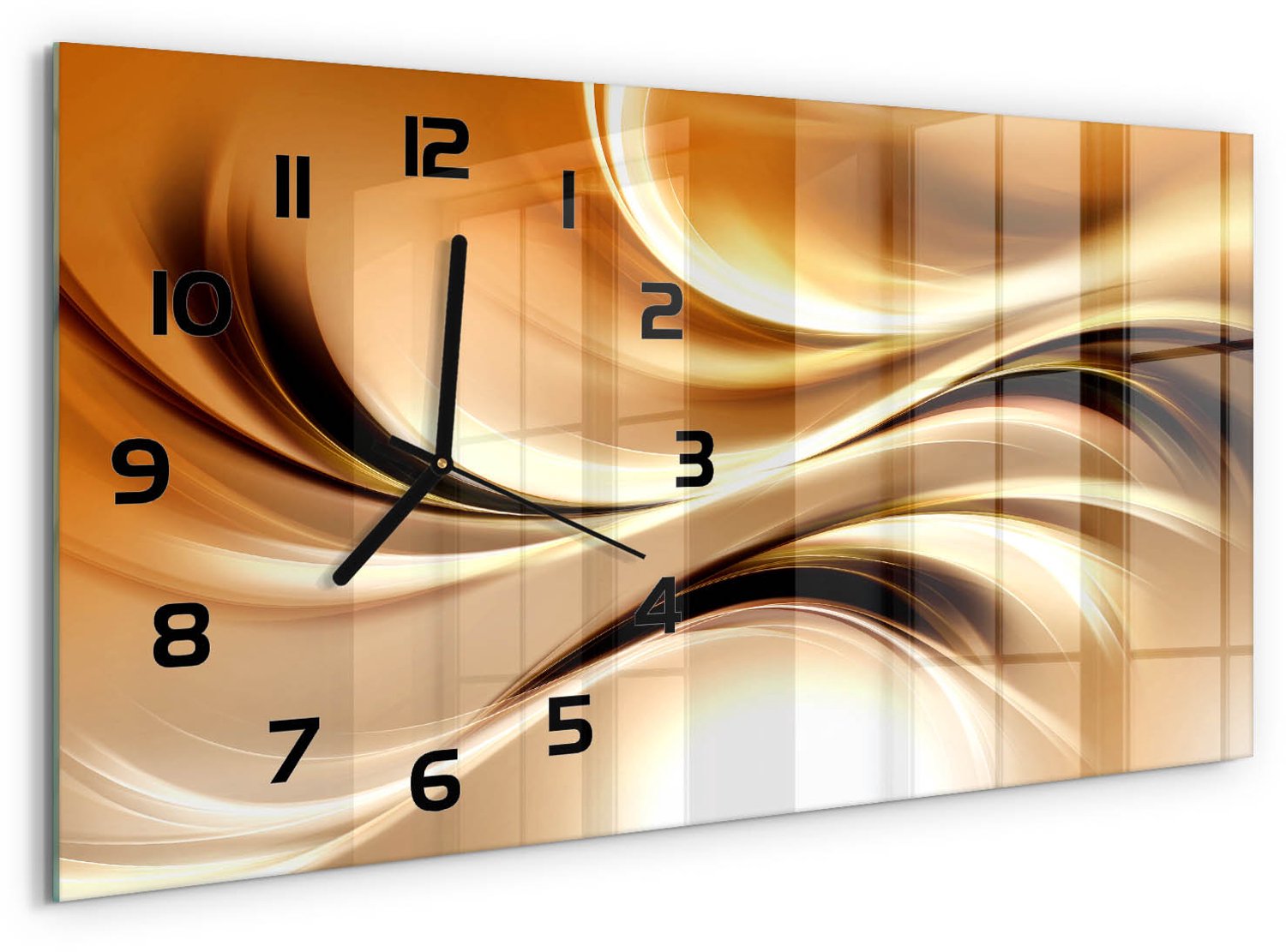 TULUP Wandklok - Abstracte golven Glazen Wandklok Design - 60x30 cm - Gouden Klok Glas Met Opdruk - Zwarte handen - Rechthoekige Klok - Wandklok Glas Met Motief - Decoratieve Glazen Klok