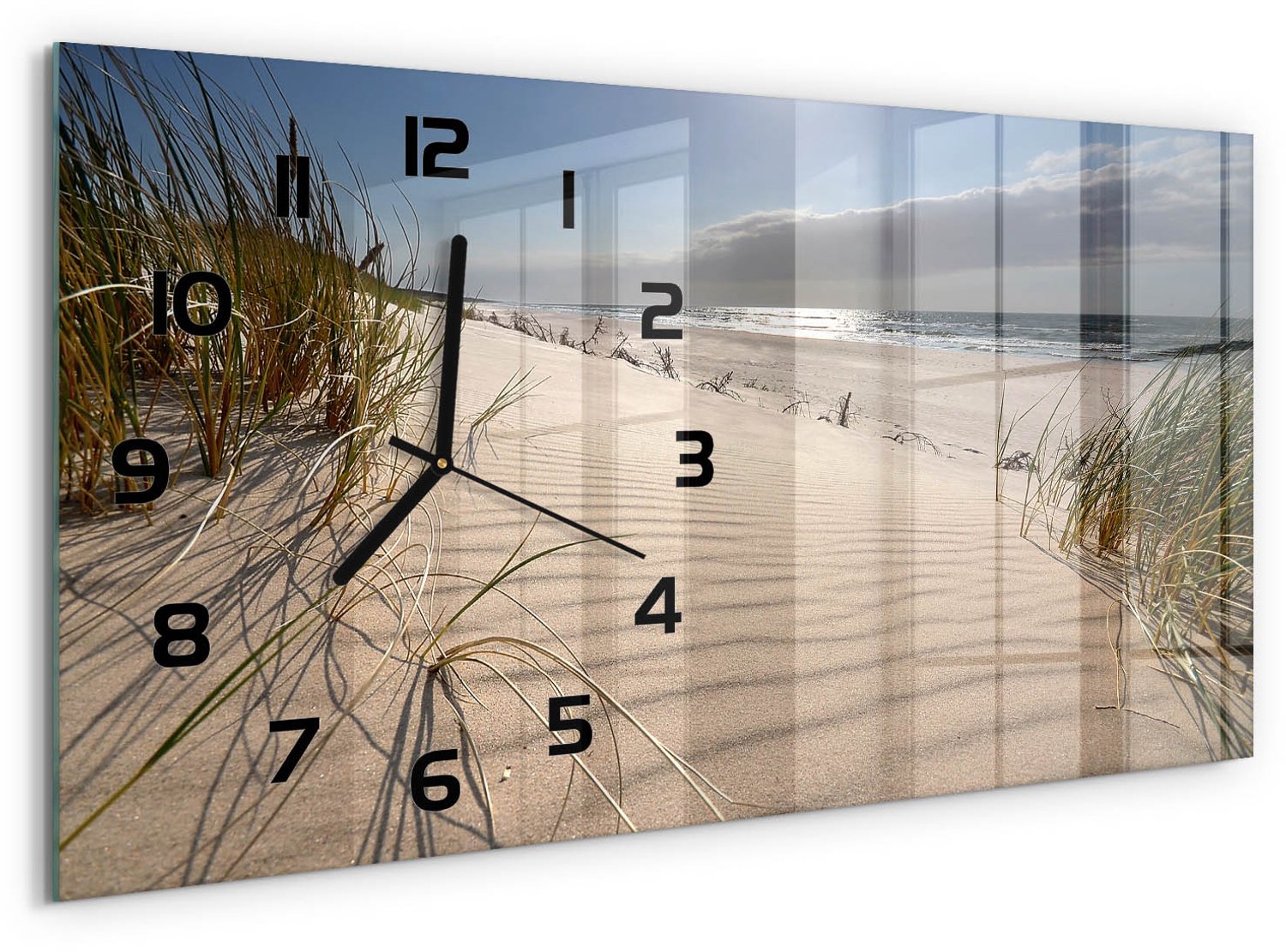 TULUP Wandklok - Mrzeżyno-strand Wandklok Glas Met Motief - 60x30 cm - Beige Decoratieve Glazen Klok - Zwarte handen - Rechthoekige Klok - Gekleurde Glazen Klok - Glazen Klok Met Print