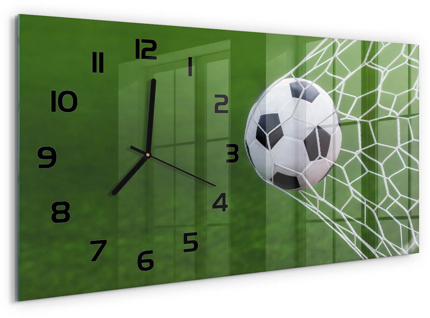 TULUP Wandklok - Bal in het doel Decoratieve Glazen Klok - 60x30 cm - Groente Glazen Wandklok Design - Zwarte handen - Rechthoekige Klok - Glazen Klok Met Print - Wandklok Glas Met Motief