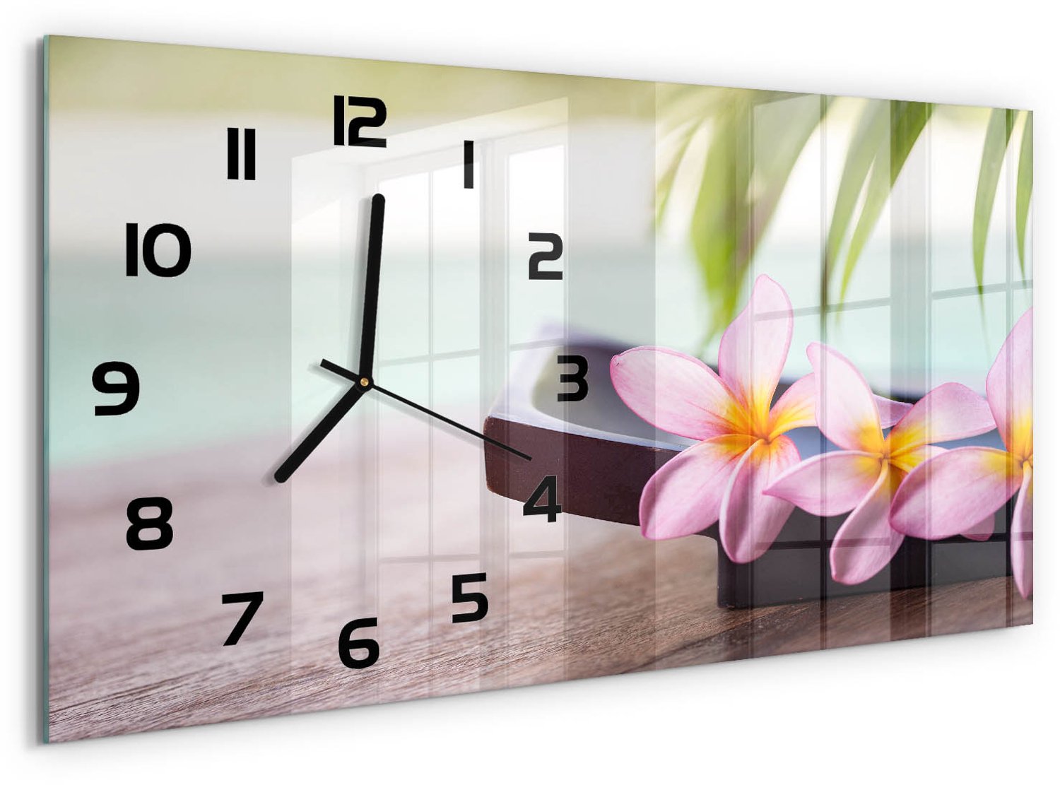 TULUP Wandklok - Plumeria Glazen Klok Met Print - 60x30 cm - Roze Wandklok Glas Met Motief - Zwarte handen - Rechthoekige Klok - Wandklok Glas Decoratie - Gekleurde Glazen Klok