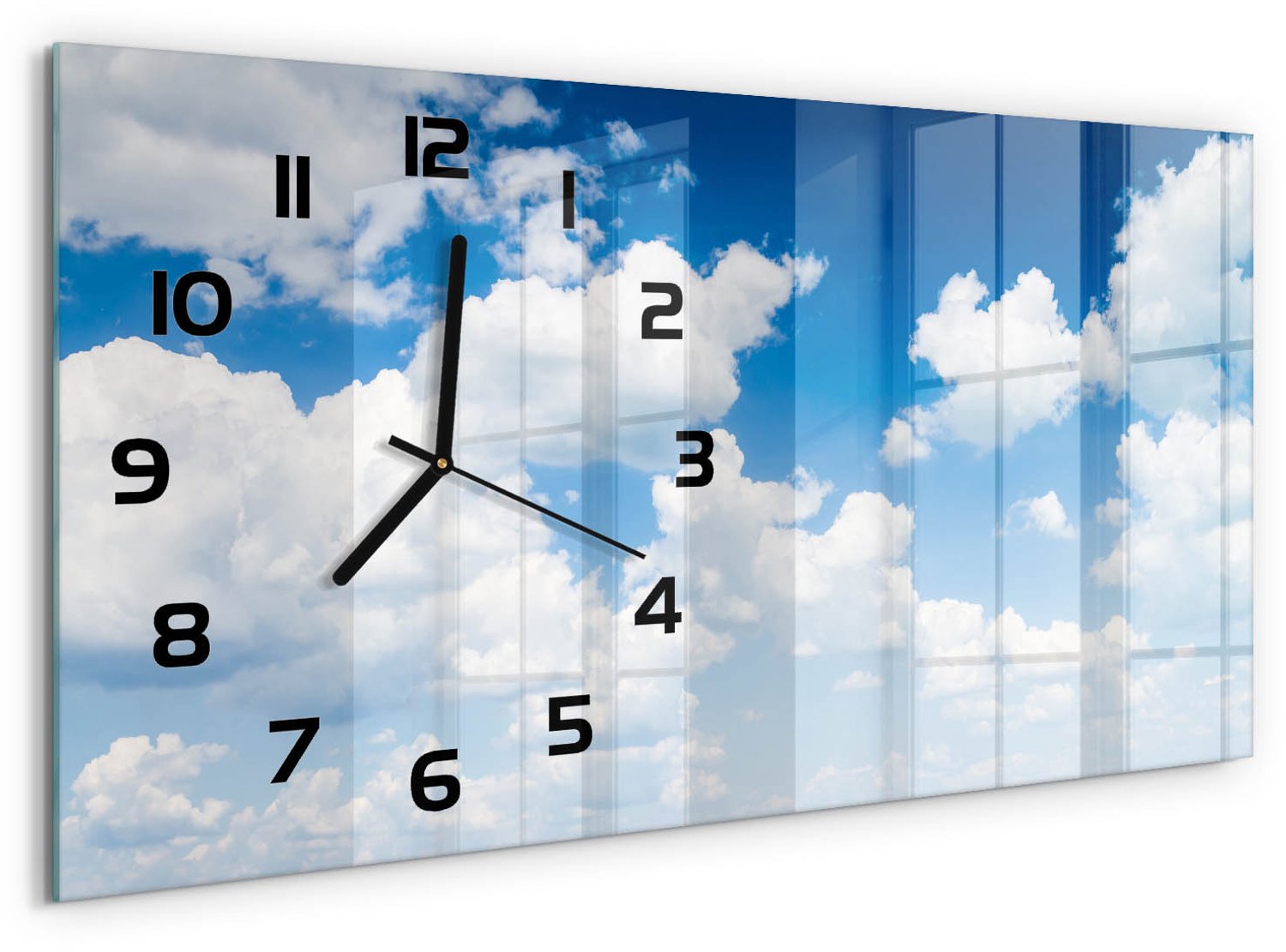 TULUP Wandklok - Wolken aan de hemel Wandklok Glas Decoratie - 60x30 cm - Blauw Gekleurde Glazen Klok - Zwarte handen - Rechthoekige Klok - Klok Glas Met Opdruk - Moderne Wandklok Glas