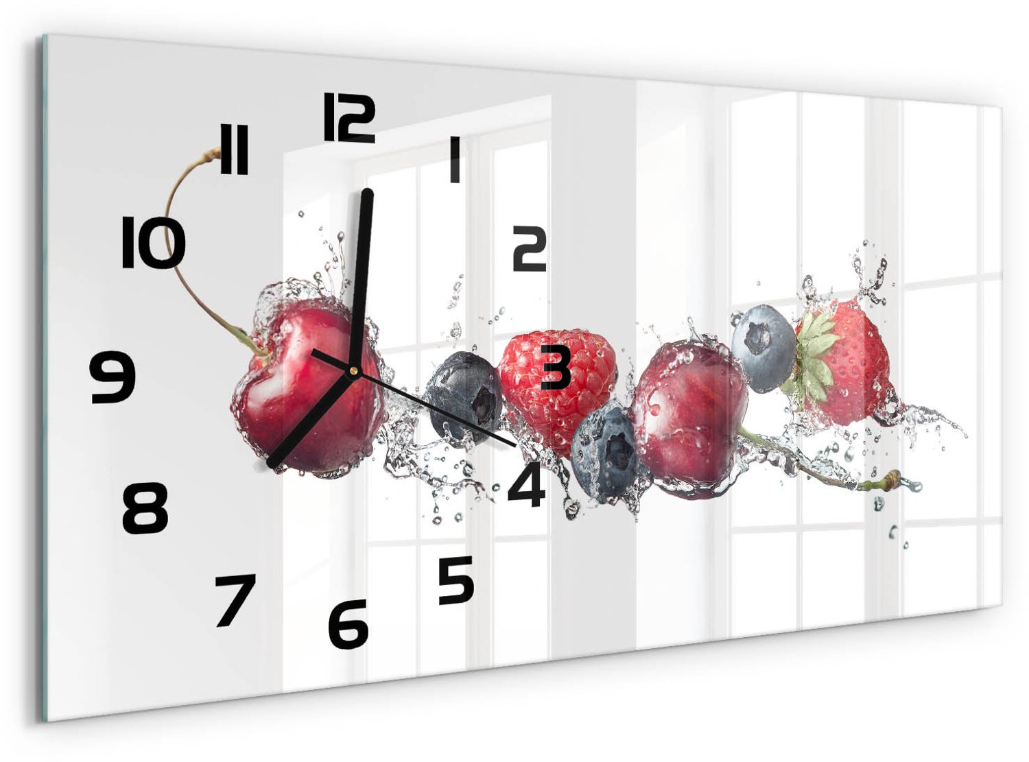 TULUP Wandklok - Bosvruchten Wandklok Glas Met Motief - 60x30 cm - Rood Decoratieve Glazen Klok - Zwarte handen - Rechthoekige Klok - Gekleurde Glazen Klok - Glazen Klok Met Print