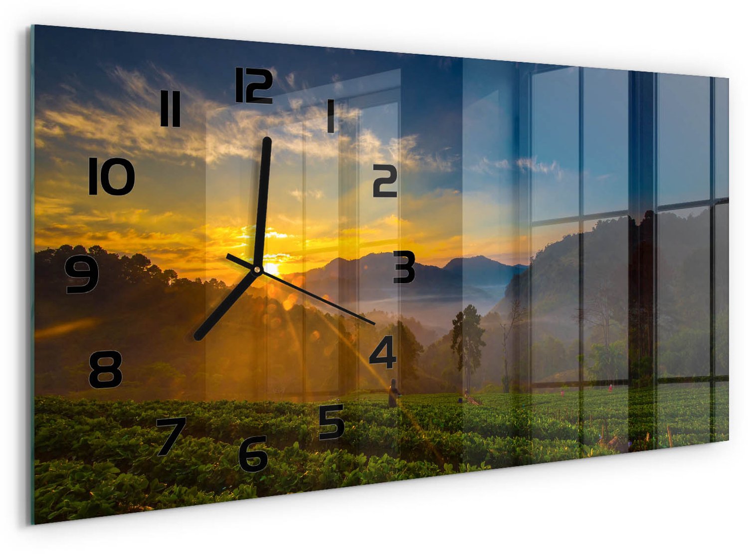 TULUP Wandklok - Theeplantage Wandklok Glas Met Motief - 60x30 cm - Geel Decoratieve Glazen Klok - Zwarte handen - Rechthoekige Klok - Gekleurde Glazen Klok - Glazen Klok Met Print
