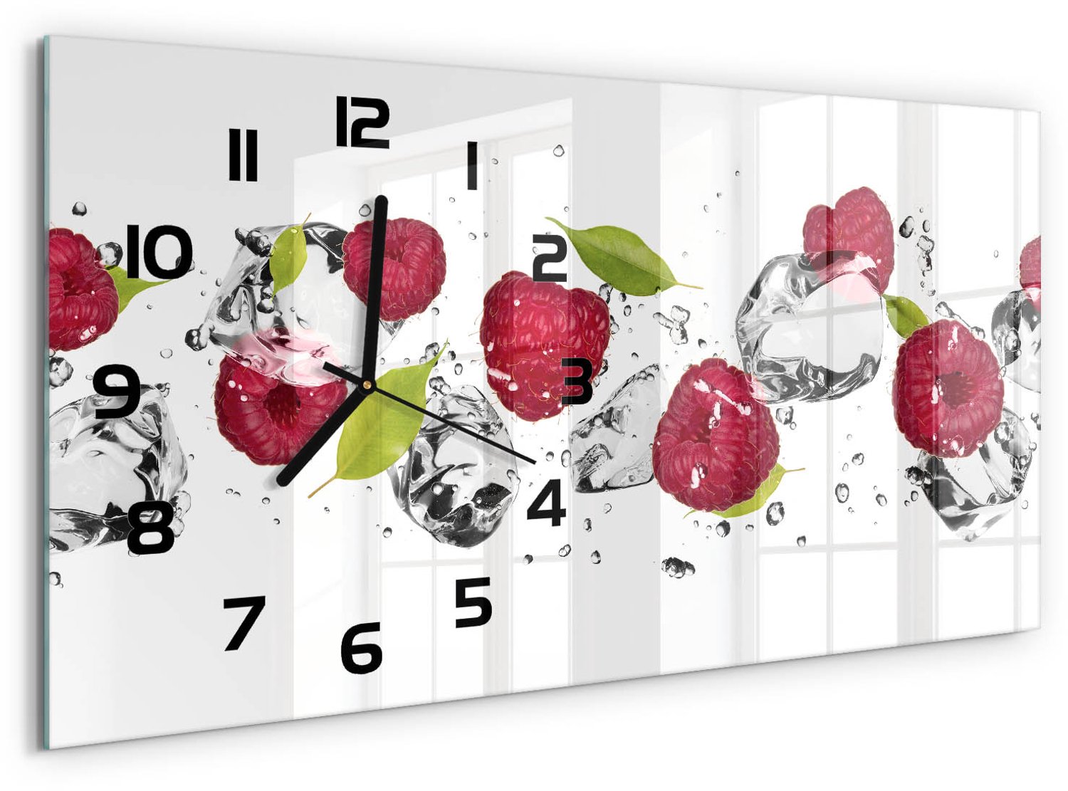 TULUP Wandklok - Framboos en water Klok Glas Met Opdruk - 60x30 cm - Roze Moderne Wandklok Glas - Zwarte handen - Rechthoekige Klok - Decoratieve Glazen Klok - Glazen Wandklok Design