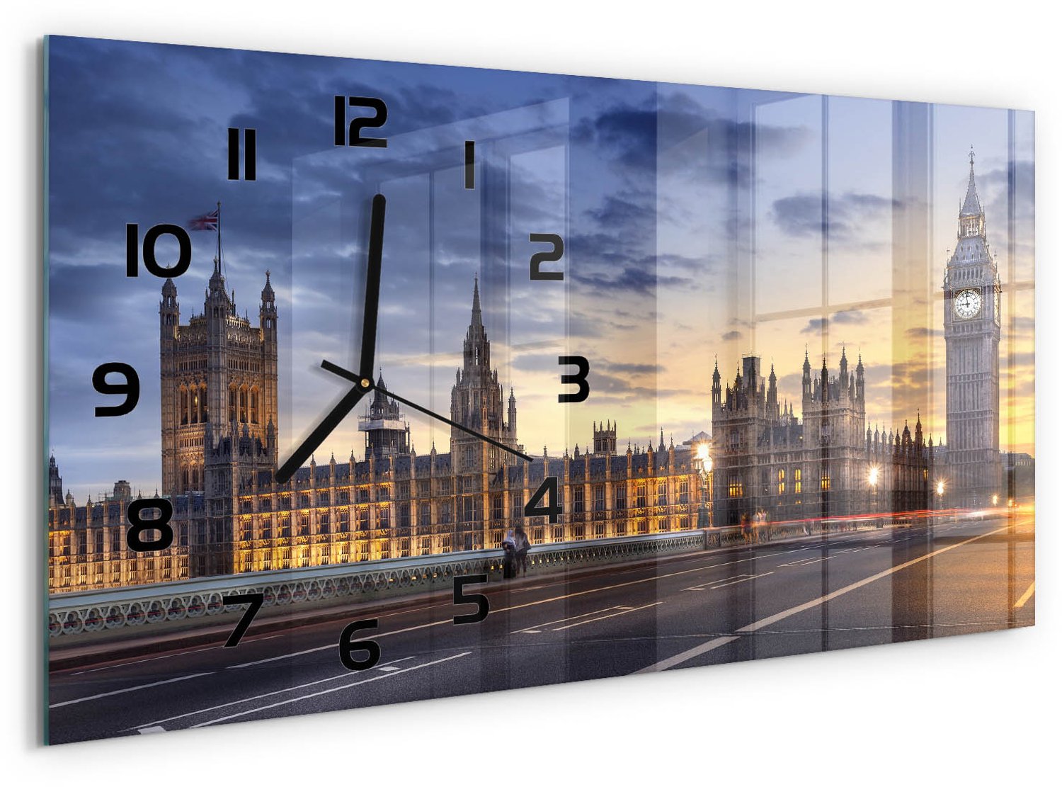 TULUP Wandklok - Big Ben Londen Wandklok Glas Met Motief - 60x30 cm - Geel Decoratieve Glazen Klok - Zwarte handen - Rechthoekige Klok - Gekleurde Glazen Klok - Glazen Klok Met Print