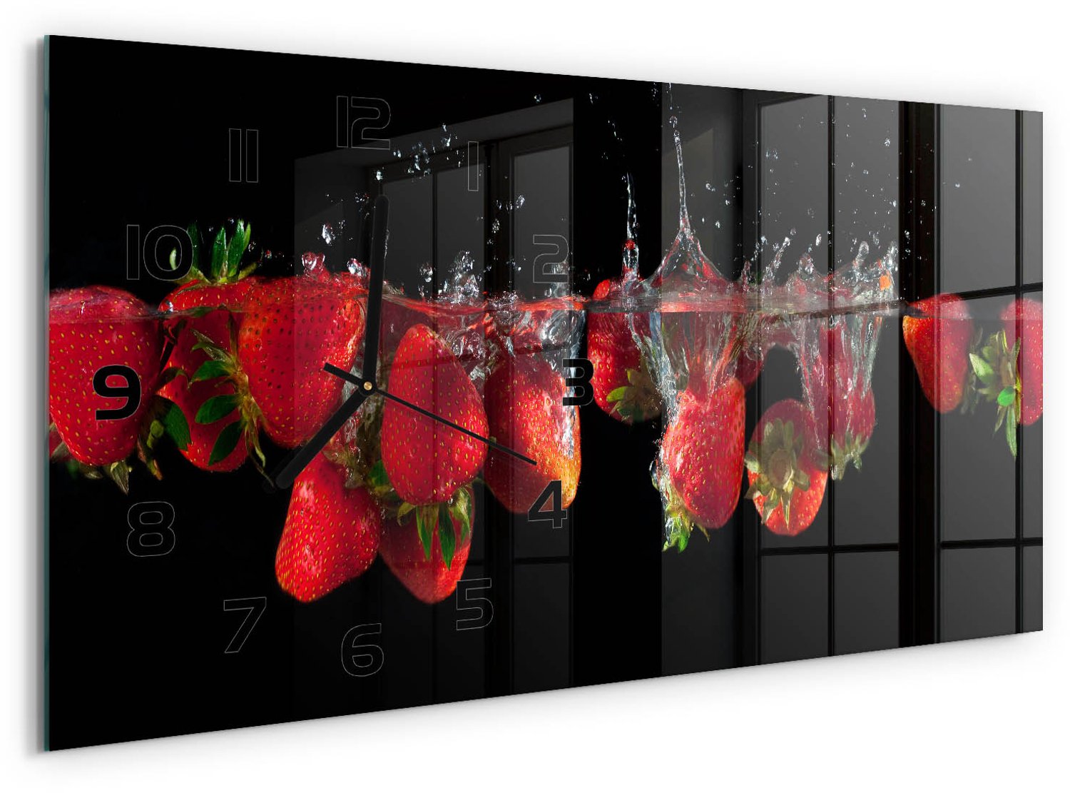 TULUP Wandklok - Aardbeien onder water Wandklok Glas Met Motief - 60x30 cm - Rood Decoratieve Glazen Klok - Zwarte handen - Rechthoekige Klok - Gekleurde Glazen Klok - Glazen Klok Met Print