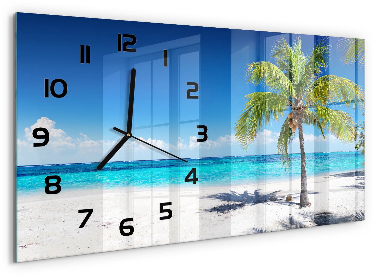 TULUP Wandklok - Tropisch strand Wandklok Glas Decoratie - 60x30 cm - Blauw Gekleurde Glazen Klok - Zwarte handen - Rechthoekige Klok - Klok Glas Met Opdruk - Moderne Wandklok Glas
