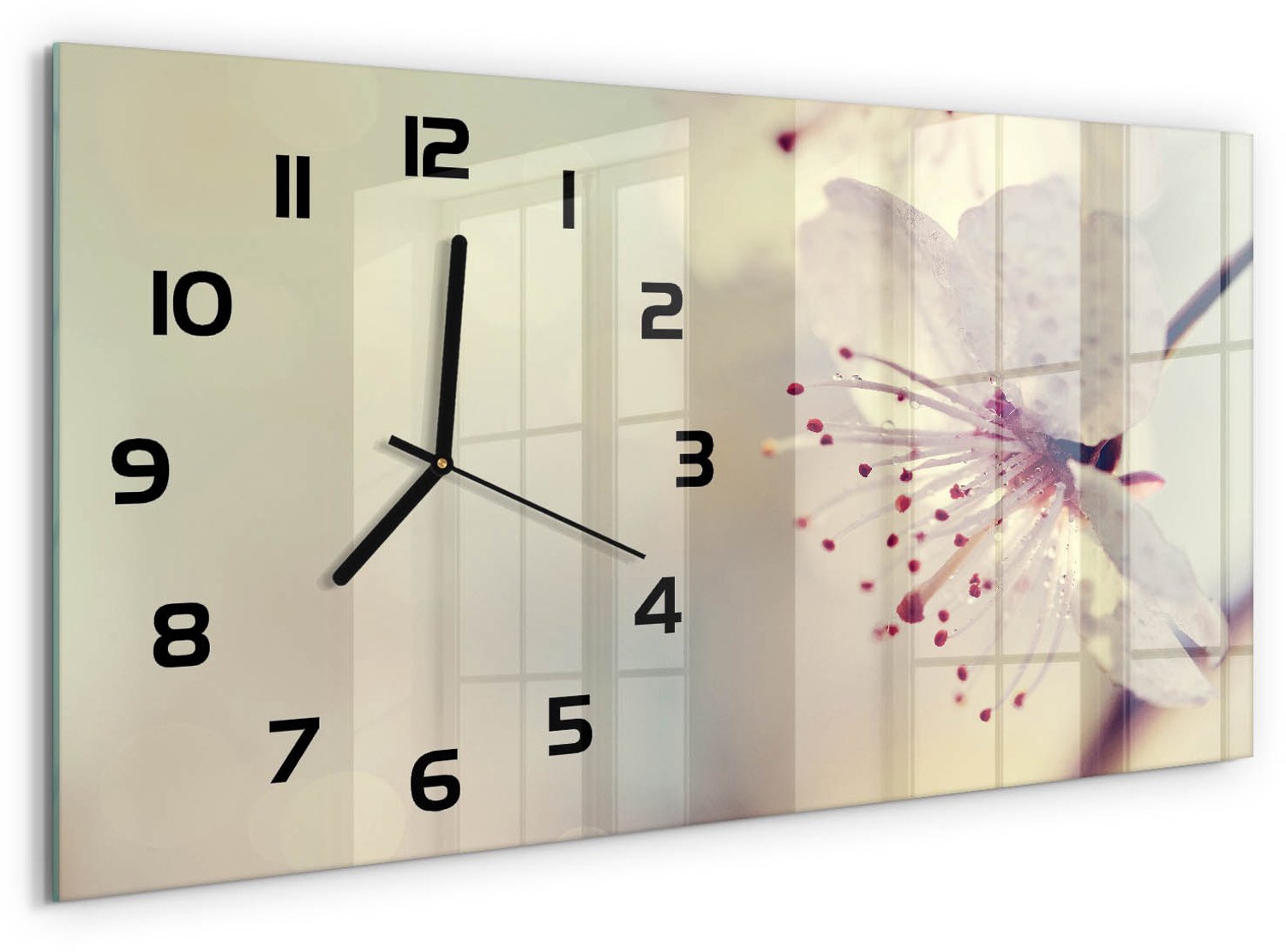 TULUP Wandklok - Orchidee Klok Glas Met Opdruk - 60x30 cm - Wit Moderne Wandklok Glas - Zwarte handen - Rechthoekige Klok - Decoratieve Glazen Klok - Glazen Wandklok Design