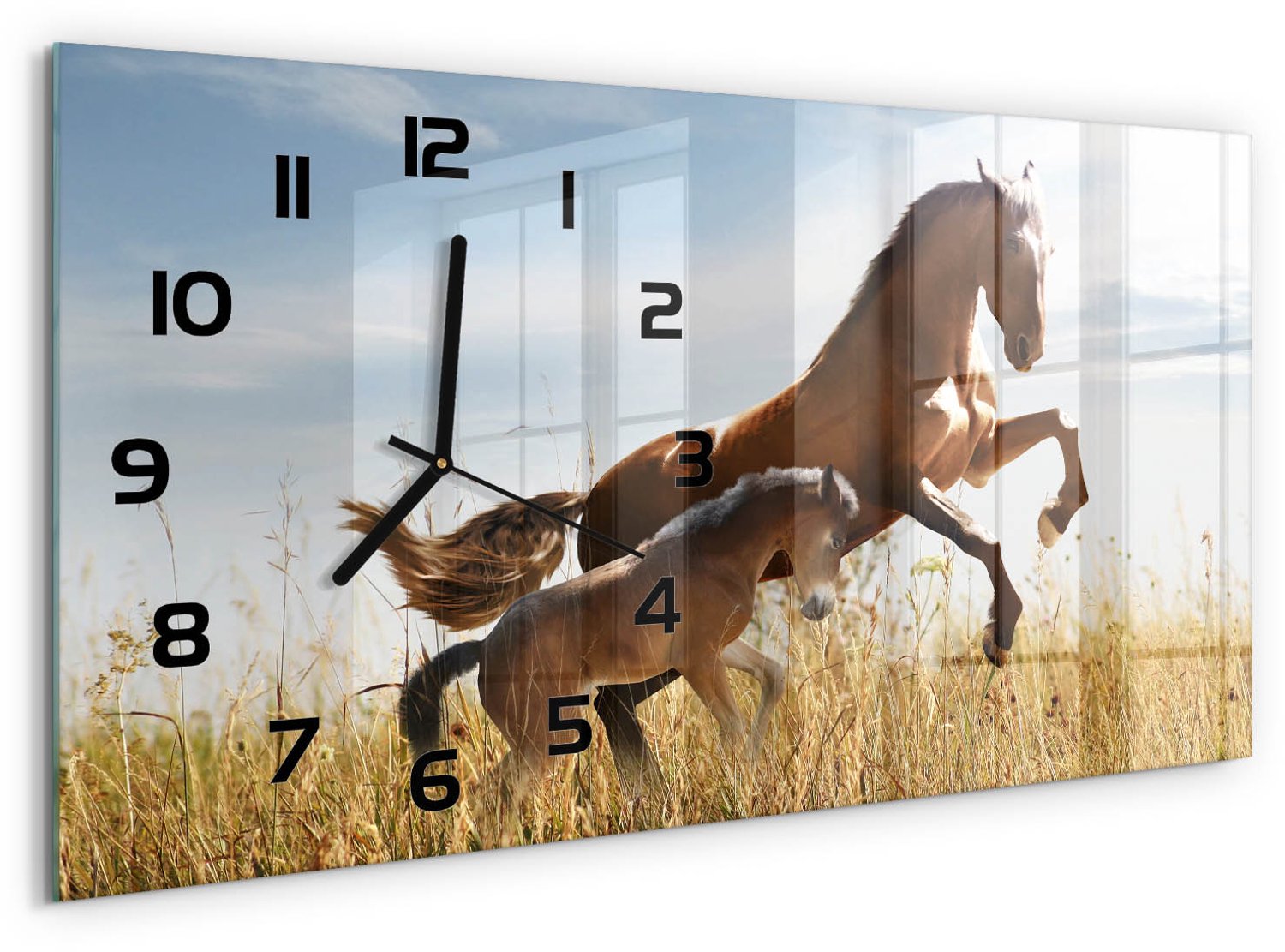 TULUP Wandklok - Merrie met veulen Wandklok Glas Met Motief - 60x30 cm - Bruin Decoratieve Glazen Klok - Zwarte handen - Rechthoekige Klok - Gekleurde Glazen Klok - Glazen Klok Met Print