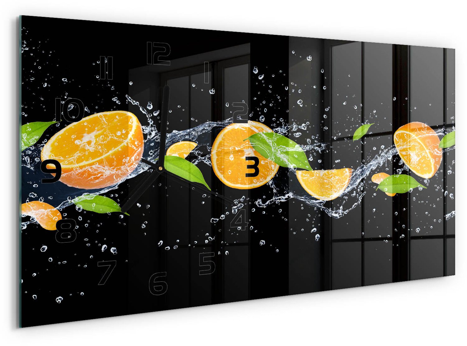 TULUP Wandklok - Sinaasappels en water Wandklok Glas Met Motief - 60x30 cm - Oranje Decoratieve Glazen Klok - Zwarte handen - Rechthoekige Klok - Gekleurde Glazen Klok - Glazen Klok Met Print