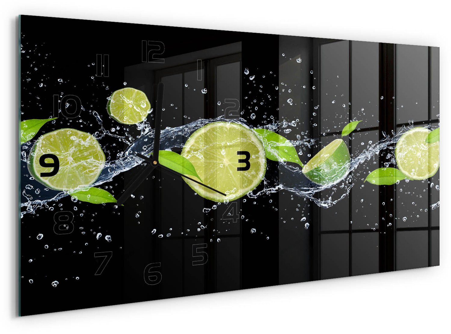 TULUP Wandklok - Kalk en water Glazen Wandklok Design - 60x30 cm - Groente Klok Glas Met Opdruk - Zwarte handen - Rechthoekige Klok - Wandklok Glas Met Motief - Decoratieve Glazen Klok