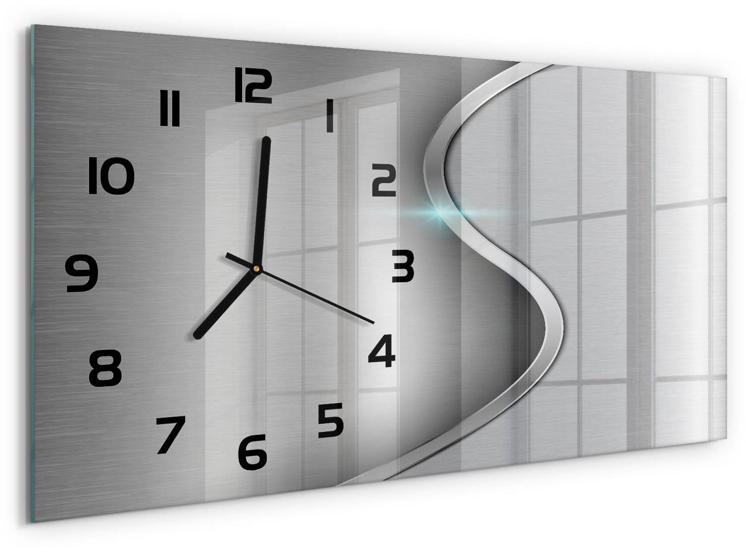 TULUP Wandklok - Metaalabstractie Klok Glas Met Opdruk - 60x30 cm - Zilver Klok Glas Met Opdruk - Zwarte handen - Rechthoekige Klok - Wandklok Glas Met Motief - Decoratieve Glazen Klok