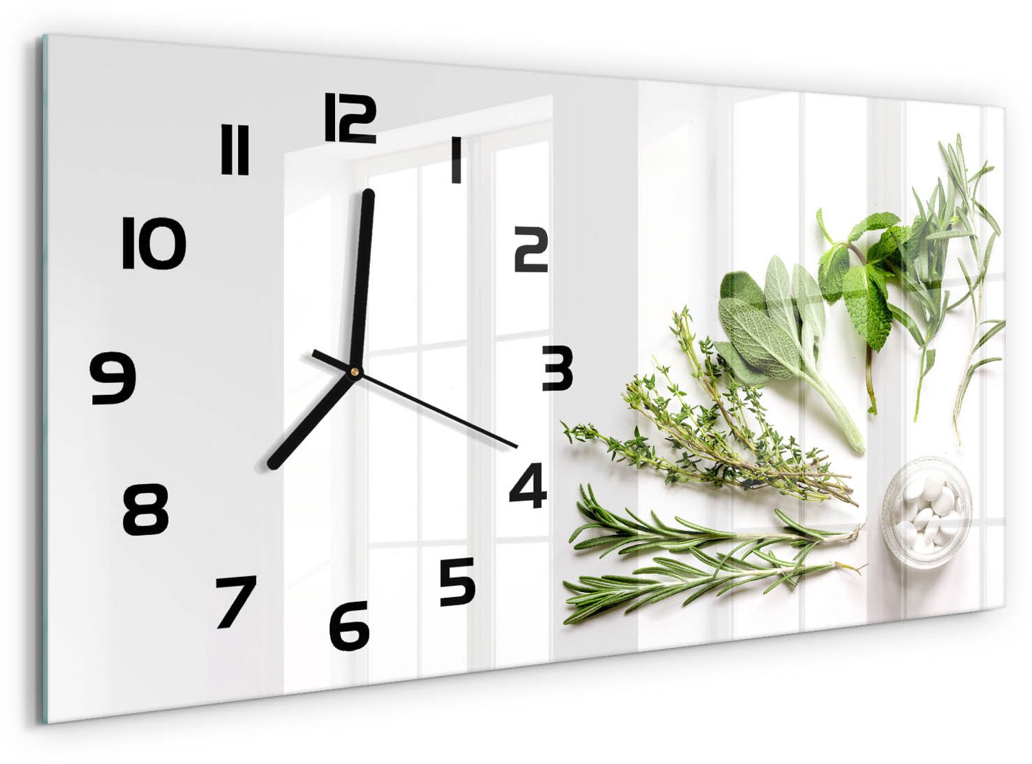 TULUP Wandklok - Kruiden Glazen Wandklok Design - 60x30 cm - Groente Klok Glas Met Opdruk - Zwarte handen - Rechthoekige Klok - Wandklok Glas Met Motief - Decoratieve Glazen Klok