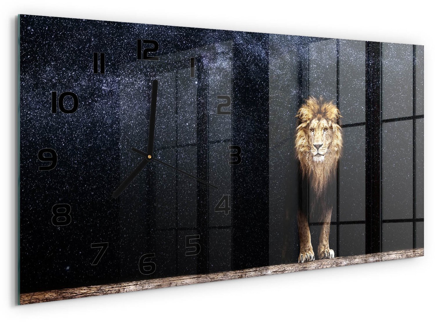 TULUP Wandklok - Leeuw tegen de sterren Decoratieve Glazen Klok - 60x30 cm - Bruin Glazen Wandklok Design - Zwarte handen - Rechthoekige Klok - Glazen Klok Met Print - Wandklok Glas Met Motief