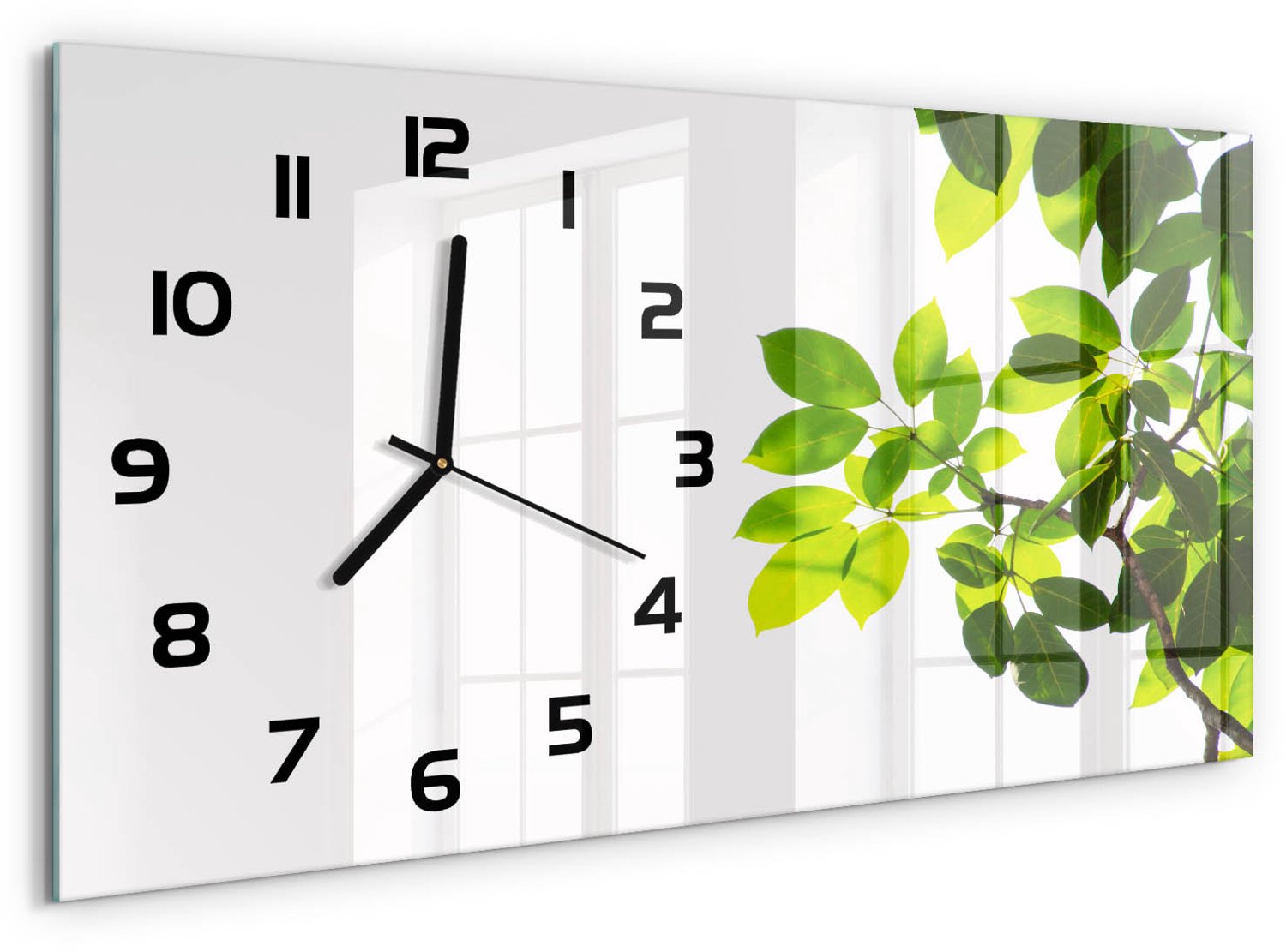 TULUP Wandklok - Bladeren Wandklok Glas Met Motief - 60x30 cm - Groente Decoratieve Glazen Klok - Zwarte handen - Rechthoekige Klok - Gekleurde Glazen Klok - Glazen Klok Met Print