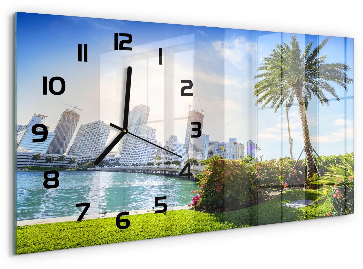 TULUP Wandklok - Miami, Verenigde Staten Glazen Klok Met Print - 60x30 cm - Veelkleurig Wandklok Glas Met Motief - Zwarte handen - Rechthoekige Klok - Wandklok Glas Decoratie - Gekleurde Glazen Klok