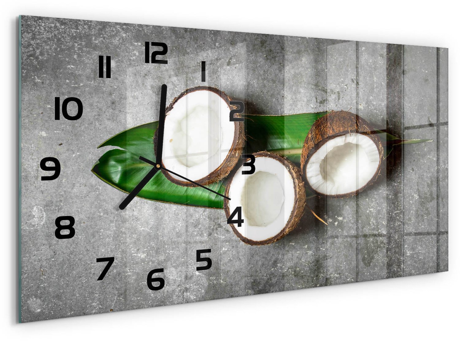 TULUP Wandklok - Een halve kokosnoot Gekleurde Glazen Klok - 60x30 cm - Groente Glazen Klok Met Print - Zwarte handen - Rechthoekige Klok - Moderne Wandklok Glas - Wandklok Glas Decoratie